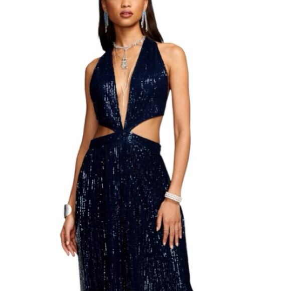Ramy Brook Sequin Gown Size 14 Deep V Neck Navy Blue Retails $695 - Picture 10 of 10
